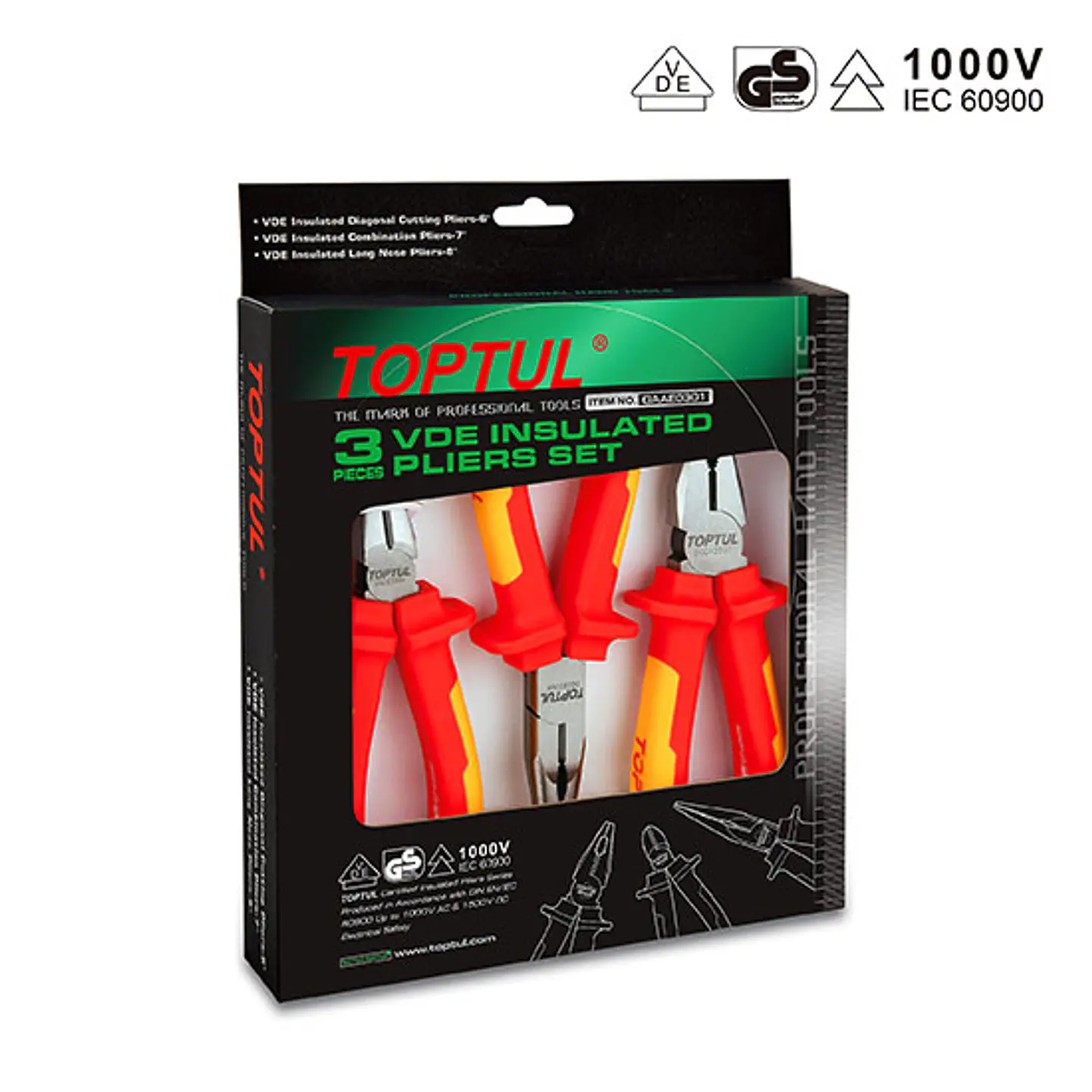 Jogo de 3 Alicates Isolados VDE TOPTUL 1