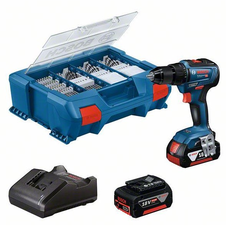 Aparafusadora sem fio GSR 18V-55 + 2 Baterias 18V 4Ah + 82 Acessórios BOSCH 1