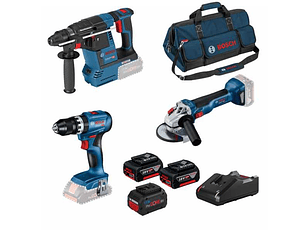 Conjunto Martelo GBH 18V-26, Rebarbadora GWS 18V-10 (125), Aparafusadora GSB 18V-45 + 3 Baterias (2x 5Ah + 1x PC5.5Ah) PRIMeKIT BOSCH