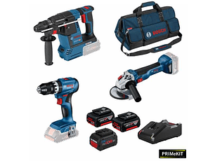 Conjunto Martelo GBH 18V-26, Rebarbadora GWS 18V-10 (125), Aparafusadora GSB 18V-45 + 3 Baterias (2x 5Ah + 1x PC5.5Ah) PRIMeKIT BOSCH