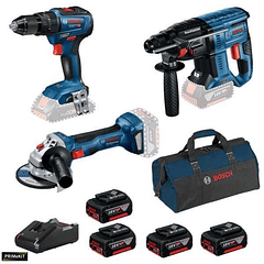 Conjunto Aparafusadora GSB 18V-55, Rebarbadora GWS 18V-7(115), Martelo GBH 18V-21 + 4 Baterias 18V 4Ah PRIMeKIT BOSCH