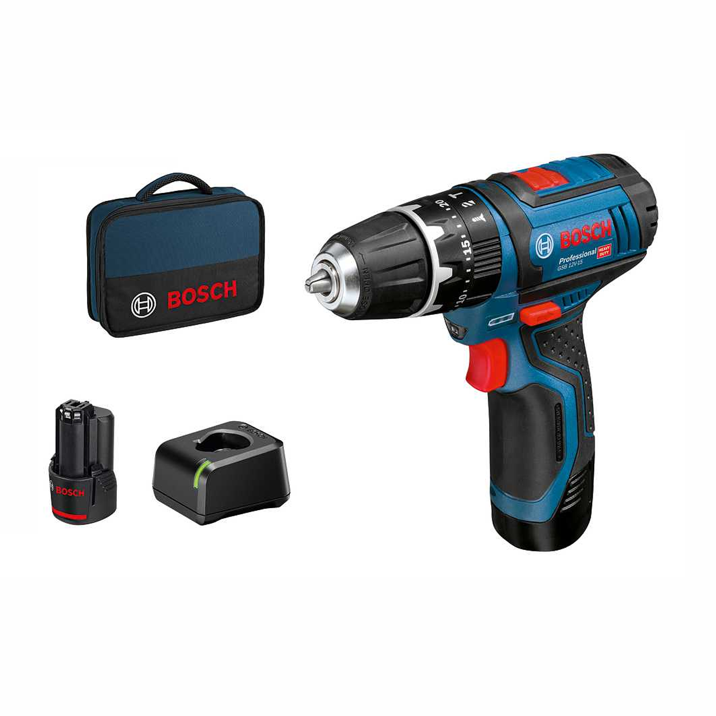 Aparafusadora/berbequim com percussão sem fio GSB 12V-15 + 2 Baterias 2.0Ah + Mala Lona BOSCH 1
