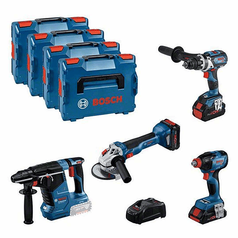 Kit de 4 ferramentas sem fio: GSR 18V-110C + GDX 18V-210C + GWS 18V-10 + GBH 18V-24C + 3 Baterias ProCORE18V (1x 4,0Ah + 2x 5,5 Ah) BOSCH