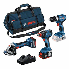 Kit de 3 ferramentas sem fio: GSB 18V-45 + GDX 18V-200 + GWS 18V-7 (125) + 2 Baterias 5Ah BOSCH