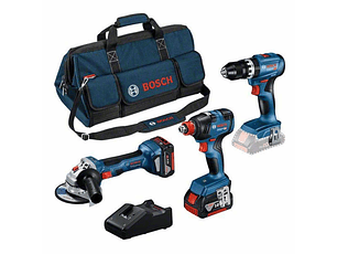 Kit de 3 ferramentas sem fio: GSB 18V-45 + GDX 18V-200 + GWS 18V-7 (125) + 2 Baterias 5Ah BOSCH