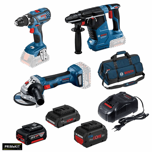 Conjunto 3 máquinas GBH 18V-26, GWS 18V-10 (125), GSR 18V-28 + 3 Baterias (1x 4Ah + 1x PC 4Ah + 1x PC 8Ah) PRIMeKIT BOSCH 1