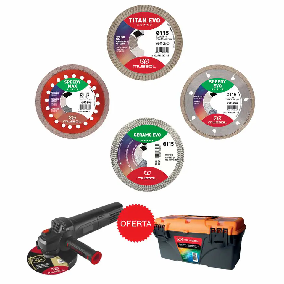 4 Discos de diamante 115mm para cerâmicos + OFERTA Rebarbadora (125mm) 1.000W MUSSOL 1