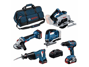 Conjunto 5 máquinas GSR 18V-55 + GWS 18V-10 (115) + GKS 18V-57-2 + GSA 18V-LI + GST 18V-125 B + 3 Baterias 18V 4.0Ah BOSCH
