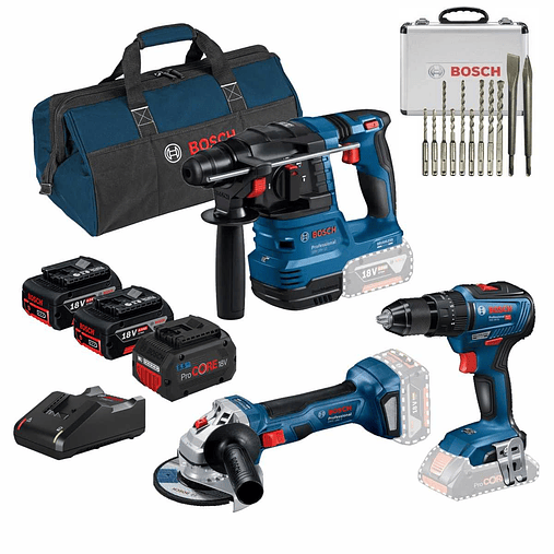 Conjunto Aparafusadora GSB 18V-55, Rebarbadora GWS 18V-7(125), Martelo GBH 18V-22 + 3 Baterias (2x 4Ah + 1x ProCORE18V 5.5Ah) PRIMeKIT BOSCH 1