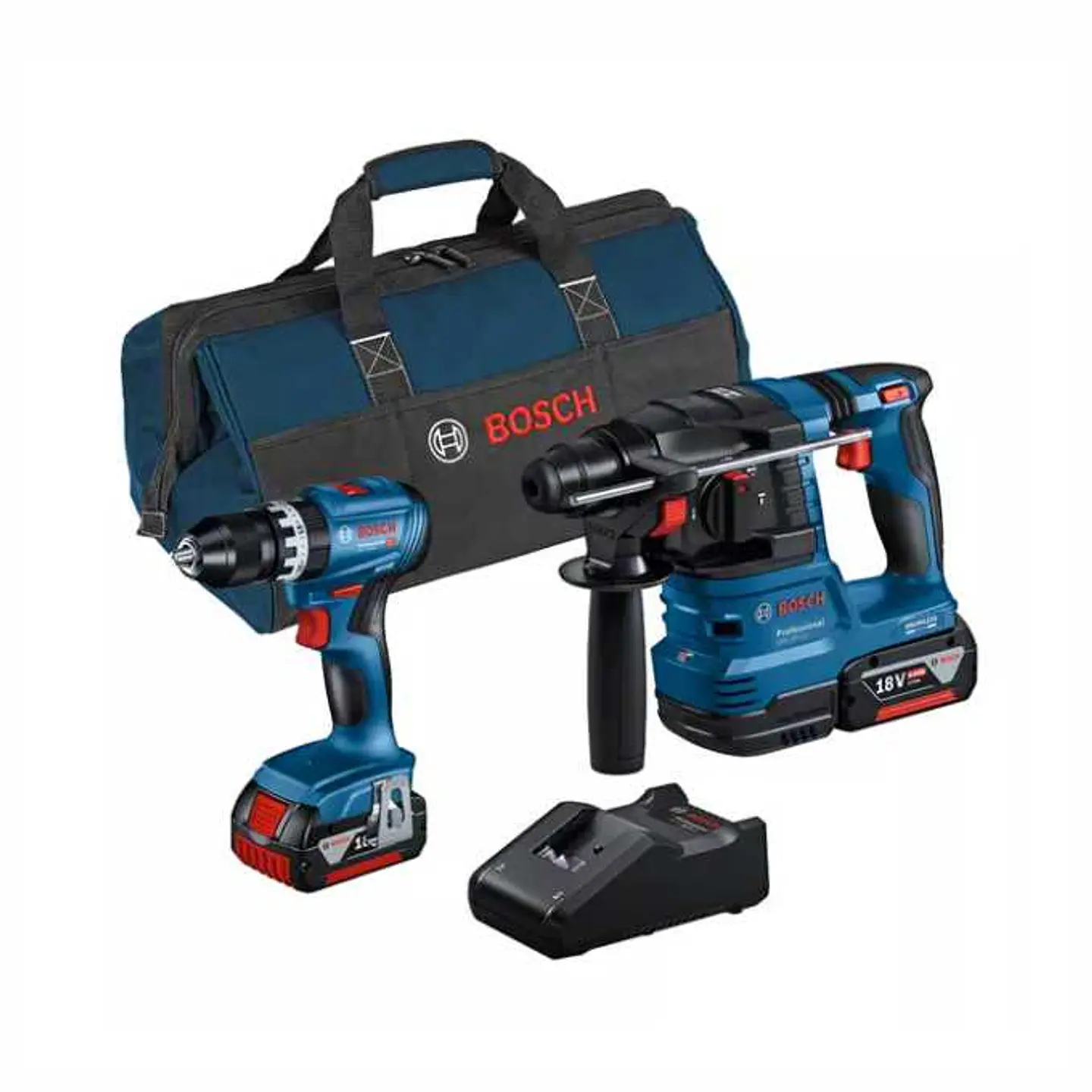 Conjunto de Aparafusadora GSB 18V-45 + Martelo perfurador SDS Plus GBH 18V-22 + 2x Baterias 18V 4.0Ah BOSCH 1