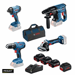 Conjunto 4 máquinas GBH 18V-21, GWS 18V-7(115), GSB 18V-21, GDR 18V-160 + 4 Baterias 18V (3x 4Ah + 1x ProCORE18V 5.5Ah) PRIMeKIT BOSCH