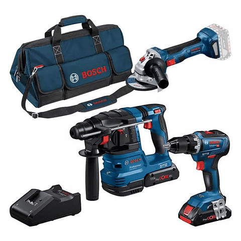 KIT 3 Ferramentas sem fio Aparafusadora GSR 18V-55 + Rebarbadora GWS 18V-7 + Martelo SDS Plus GBH 18V-22 + 2x ProCORE18V 4.0AH BOSCH 