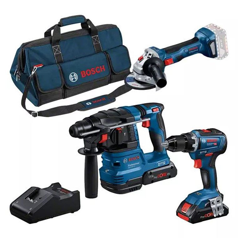 KIT 3 Ferramentas sem fio Aparafusadora GSR 18V-55 + Rebarbadora GWS 18V-7 + Martelo SDS Plus GBH 18V-22 + 2x ProCORE18V 4.0AH BOSCH  1