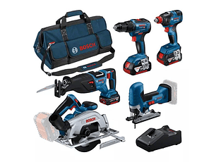 KIT 5 ferramentas sem fio Aparafusadora GSR 18V-55 + Serra Tico-Tico GST 18V-125 S + Serra Circular GKS 18V-57-2 + Serra Sabre GSA 18V-28 + Aparaf. Impacto GDX 18V-200 BOSCH