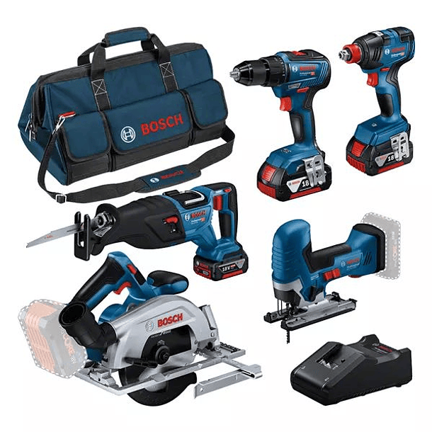 KIT 5 ferramentas sem fio Aparafusadora GSR 18V-55 + Serra Tico-Tico GST 18V-125 S + Serra Circular GKS 18V-57-2 + Serra Sabre GSA 18V-28 + Aparaf. Impacto GDX 18V-200 BOSCH