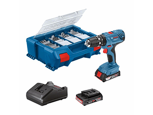 Aparafusadora/Berbequim com percussão sem fio GSB 18V-21 + 2 baterias GBA 18V 2.0Ah + SET 63 Acc BOSCH