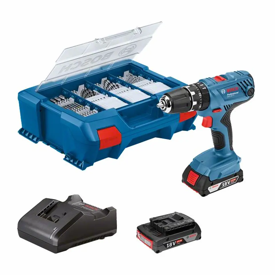 Aparafusadora/Berbequim com percussão sem fio GSB 18V-21 + 2 baterias GBA 18V 2.0Ah + SET 63 Acc BOSCH 1