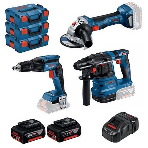 Conjunto de Aparafusadora Pladur GTB 18V-45, Martelo Combinado GBH 18V-22 e Rebarbadora GWS 18V-7 (125) BOSCH