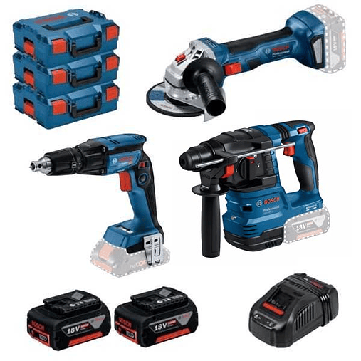 Conjunto de Aparafusadora Pladur GTB 18V-45, Martelo Combinado GBH 18V-22 e Rebarbadora GWS 18V-7 (125) BOSCH 1