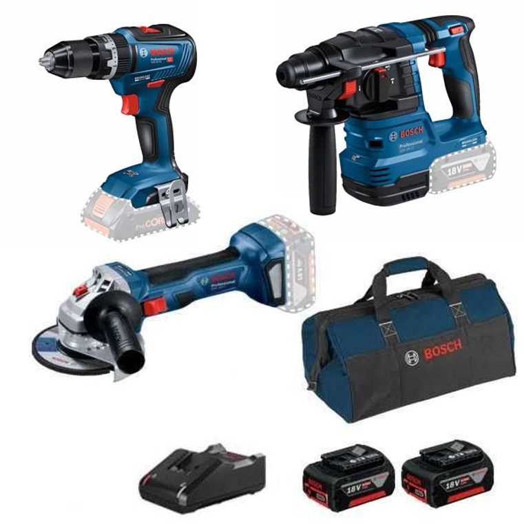 Conjunto Aparafusadora GSB 18V-55, Rebarbadora GWS 18V-7(115), Martelo GBH 18V-22 + 2 Baterias 4.0 Ah PRIMeKIT BOSCH 1