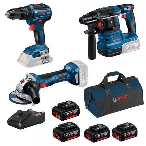 Conjunto Aparafusadora GSB 18V-55, Rebarbadora GWS 18V-7(115), Martelo GBH 18V-22 + 4 Baterias 18V 4Ah PRIMeKIT BOSCH 1