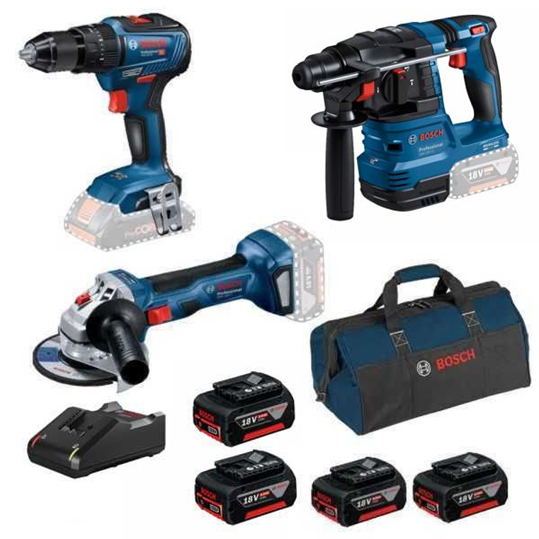 Conjunto Aparafusadora GSB 18V-55, Rebarbadora GWS 18V-7(115), Martelo GBH 18V-22 + 4 Baterias 18V 4Ah PRIMeKIT BOSCH 1