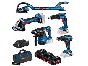 Conjunto Martelo GBH 18V-22 + Aparafusadora GSB 18V-55 + Rebarbadora GWS 18V-7 (115) + Aparafusadora Pladur GTB 18V-45 + Lixadora de tectos GTR 55-225 + 3x Baterias 4.0Ah PRIMeKIT BOSCH