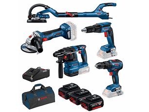 Conjunto Martelo GBH 18V-22 + Aparafusadora GSB 18V-55 + Rebarbadora GWS 18V-7 (115) + Aparafusadora Pladur GTB 18V-45 + Lixadora de tectos GTR 55-225 + 3x Baterias 4.0Ah PRIMeKIT BOSCH