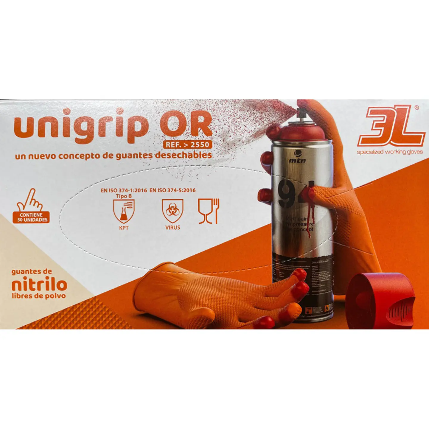50 Un. Luvas de Nitrilo laranja Texturizadas sem pó Descartáveis 2550-T/L-(9) UNIGRIP 3L INTERNACIONAL 3