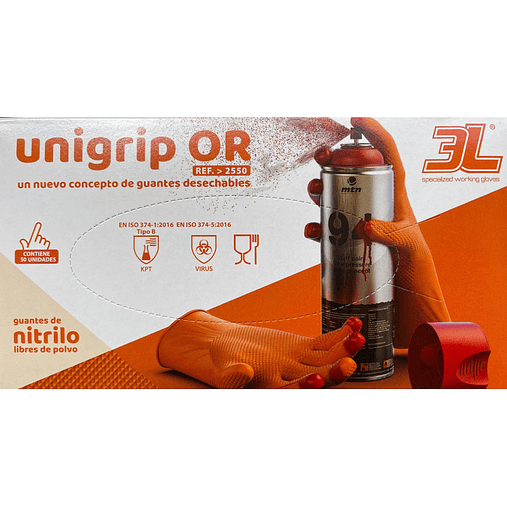 50 Un. Luvas de Nitrilo laranja Texturizadas sem pó Descartáveis 2550-T/XL-(10) UNIGRIP 3L INTERNACIONAL 3