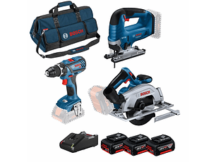 Conjunto de Aparafusadora GSR 18V-28, Serra Tico Tico GST 18V-125B e Serra circular GKS 18V-57-2 + 3 Baterias 18V 4.0Ah PRIMeKIT BOSCH