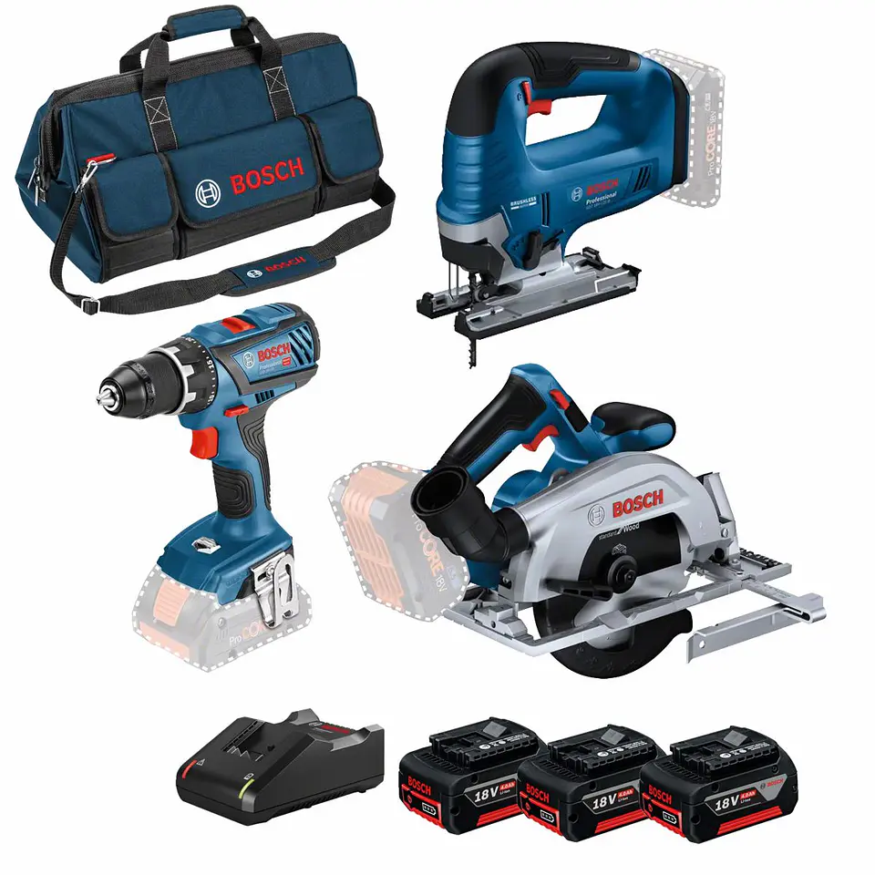Conjunto de Aparafusadora GSR 18V-28, Serra Tico Tico GST 18V-125B e Serra circular GKS 18V-57-2 + 3 Baterias 18V 4.0Ah PRIMeKIT BOSCH 1