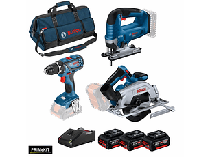 Conjunto de Aparafusadora GSR 18V-28, Serra Tico Tico GST 18V-125B e Serra circular GKS 18V-57-2 + 3 Baterias 18V 4.0Ah PRIMeKIT BOSCH