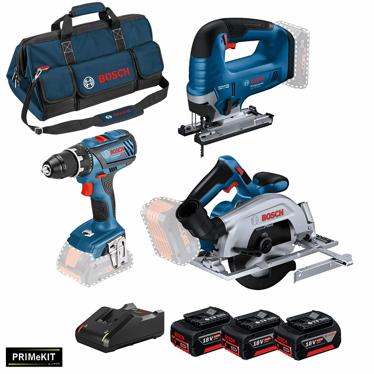 Conjunto de Aparafusadora GSR 18V-28, Serra Tico Tico GST 18V-125B e Serra circular GKS 18V-57-2 + 3 Baterias 18V 4.0Ah PRIMeKIT BOSCH 2