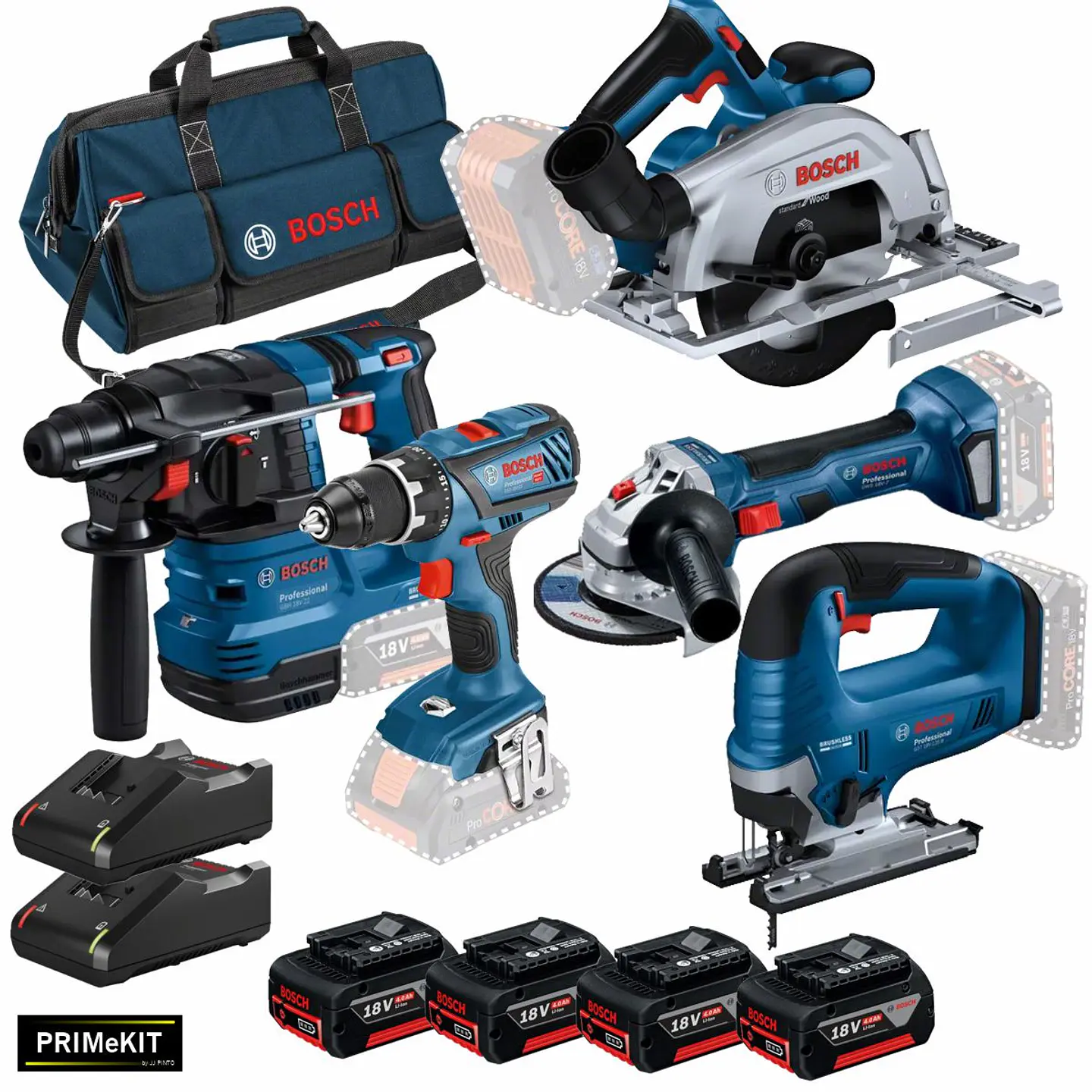 Conjunto de Aparafusadora GSR 18V-28, Serra Tico Tico GST 18V-125B e Serra circular GKS 18V-57-2 + 3 Baterias 18V 4.0Ah PRIMeKIT BOSCH 4