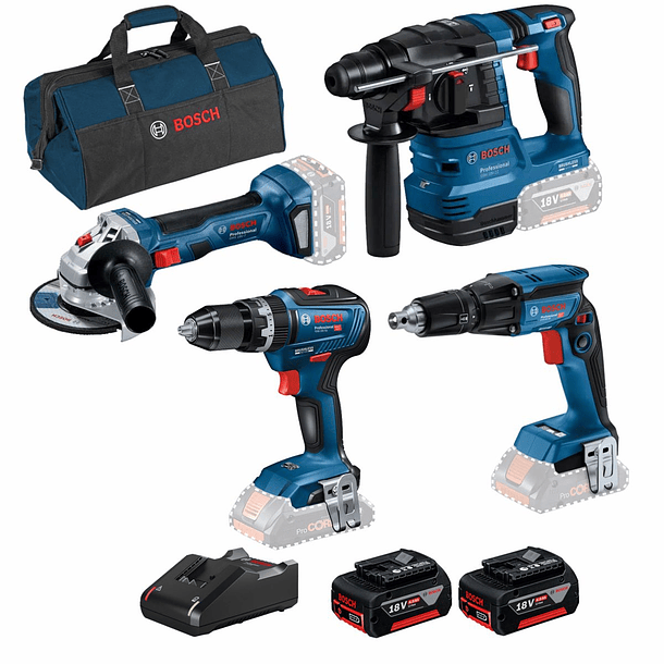 Conjunto Martelo GBH 18V-22 + Aparafusadora GSB 18V-55 + Rebarbadora GWS 18V-7 (115) + Aparafusadora Pladur GTB 18V-45 + 2x Baterias 4.0Ah PRIMeKIT BOSCH 1