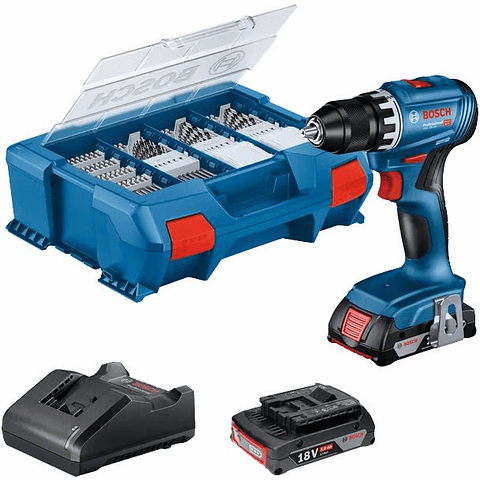 Aparafusadora sem fio GSR 18V-45 + 2x baterias 18V 2.0Ah + 82 Acessórios Mala L-Case BOSCH