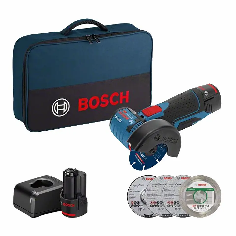 Mini rebarbadora a bateria 76 mm GWS 12V-76 + 2 Baterias 12V 2.0Ah + Bolsa BOSCH 1