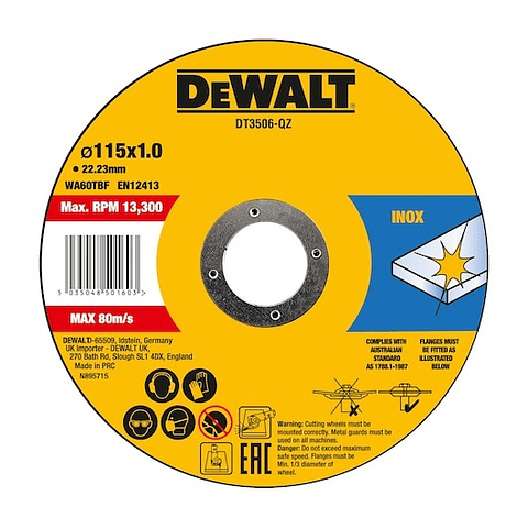 Disco de corte inox 115 x 1 mm (Lata 10 unidades) DT3506-QZ DEWALT