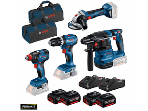 Conjunto Aparafusadora de Impacto GDX 18V-200, Rebarbadora GWS 18V-7 (125), Martelo GBH 18V-22, Aparafusadora GSB 18V-45 + 4 Baterias (2x 5Ah + 2x 4.0Ah) PRIMeKIT BOSCH