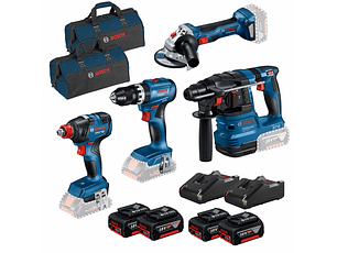 Conjunto Aparafusadora de Impacto GDX 18V-200, Rebarbadora GWS 18V-7 (125), Martelo GBH 18V-22, Aparafusadora GSB 18V-45 + 4 Baterias (2x 5Ah + 2x 4.0Ah) PRIMeKIT BOSCH