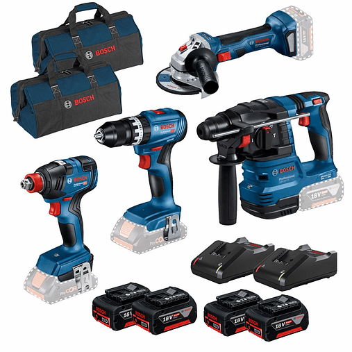 Conjunto Aparafusadora de Impacto GDX 18V-200, Rebarbadora GWS 18V-7 (125), Martelo GBH 18V-22, Aparafusadora GSB 18V-45 + 4 Baterias (2x 5Ah + 2x 4.0Ah) PRIMeKIT BOSCH 2