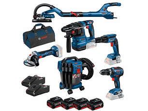 Conjunto Martelo GBH 18V-22 + Aparaf. GSB 18V-55 + Rebarbadora GWS 18V-7 (115) + Aparaf. Pladur GTB 18V-45 + Lixadora GTR 55-225 + Aspirador GAS 18V-10 L + 4x Baterias 4.0Ah PRIMeKIT BOSCH 