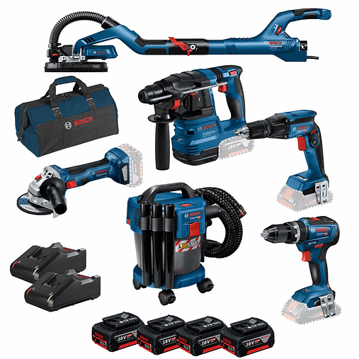 Conjunto Martelo GBH 18V-22 + Aparaf. GSB 18V-55 + Rebarbadora GWS 18V-7 (115) + Aparaf. Pladur GTB 18V-45 + Lixadora GTR 55-225 + Aspirador GAS 18V-10 L + 4x Baterias 4.0Ah PRIMeKIT BOSCH  1