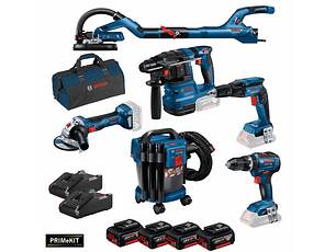 Conjunto Martelo GBH 18V-22 + Aparaf. GSB 18V-55 + Rebarbadora GWS 18V-7 (115) + Aparaf. Pladur GTB 18V-45 + Lixadora GTR 55-225 + Aspirador GAS 18V-10 L + 4x Baterias 4.0Ah PRIMeKIT BOSCH 