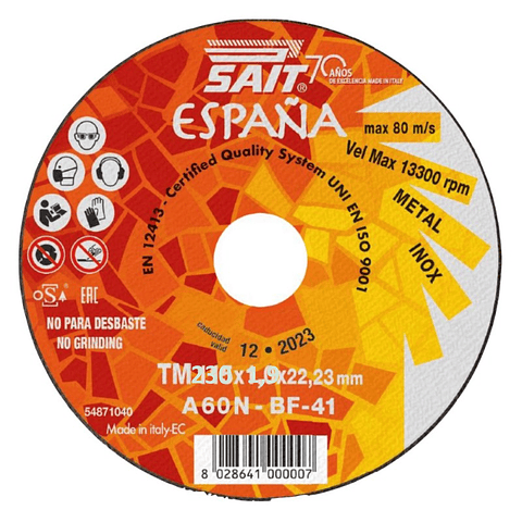 Disco de Corte Metal/Inox 230x 1,9mm PLANET-TM (70º Aniversário) SAIT