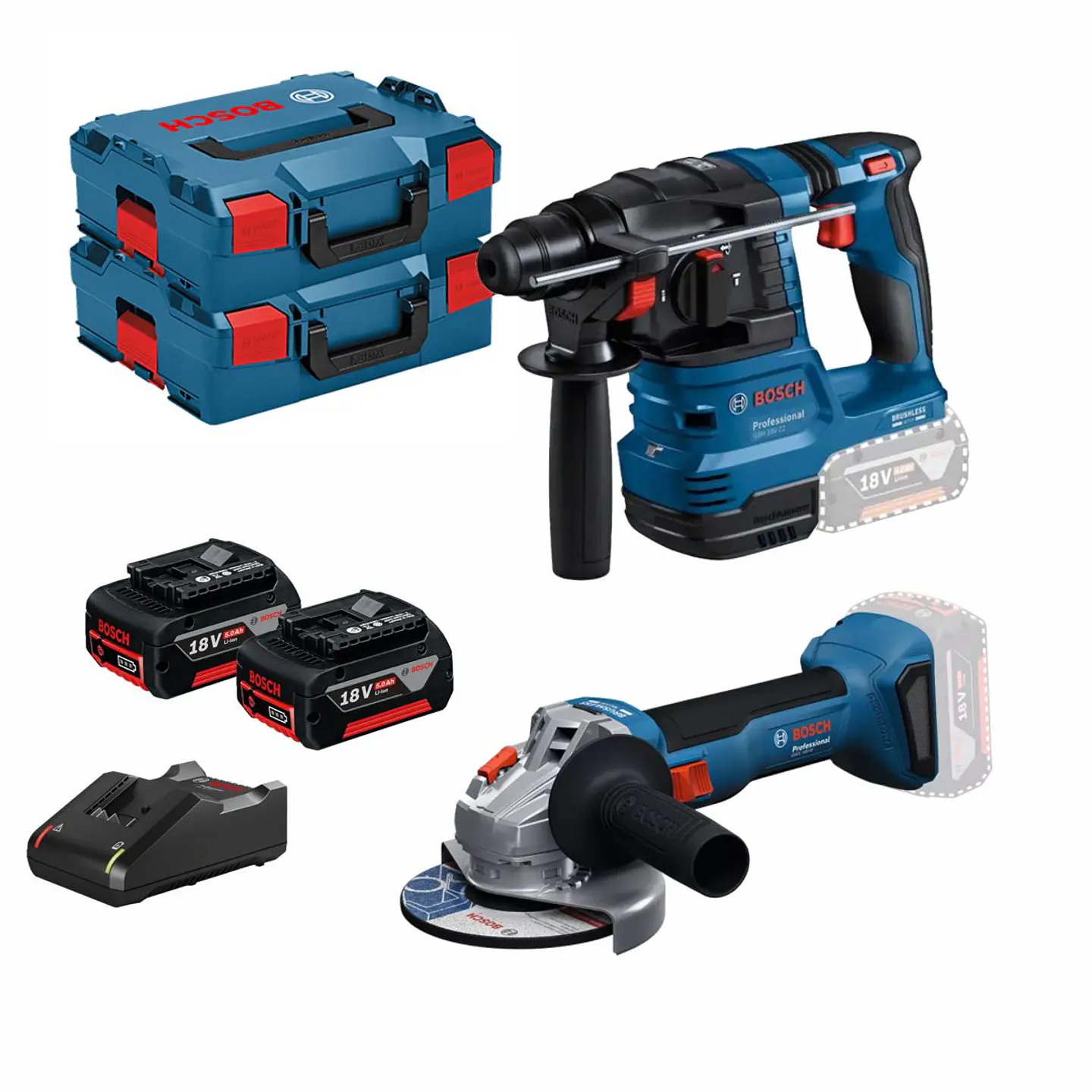 Conjunto Martelo GBH 18V-22, Rebarbadora GWS 18V-8 (125) + 2 Baterias 5.0 Ah PRIMeKIT BOSCH 1