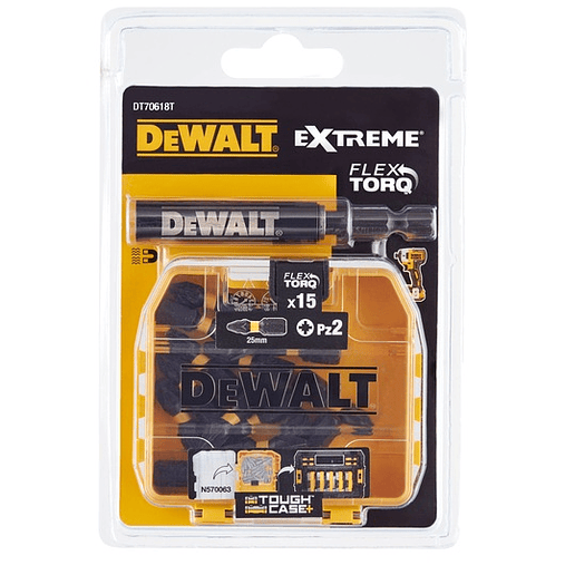 Jogo de 15 Bits PZ2x25mm + Adaptador FlexTorq DT70618T DEWALT 2