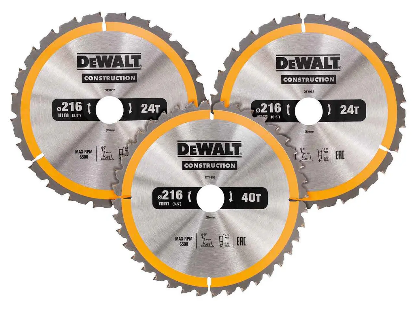 Pack 3 Discos de Serra para Madeira ATB Ø 216X30mm DT1962 DEWALT 1