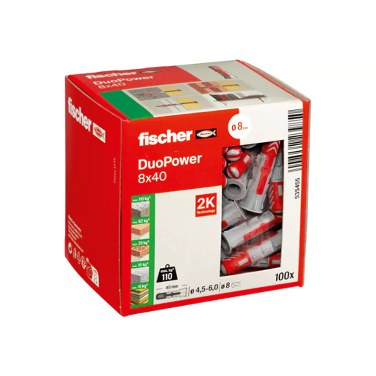 100 Un. Bucha Nylon DuoPower Ø8mm x 40mm 535455 FISCHER 2